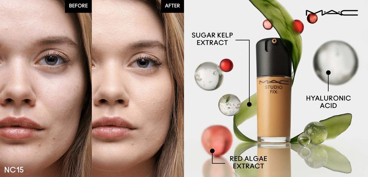 MAC Studio Fix-foundation vistet i en klar flaske med en sort pumpehette. Ingrediensene inkluderer sukkerkelp ekstrakt, hyaluronsyre og rød algeekstrakt.