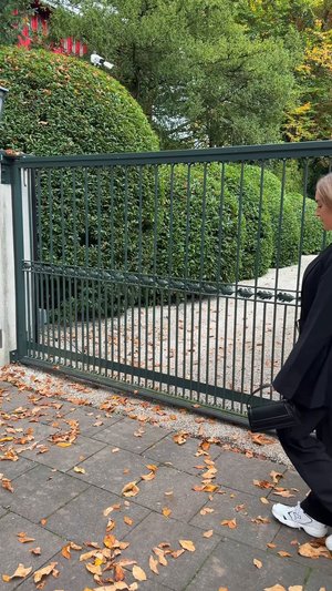 Portón metálico con barras verticales, acabado en verde oscuro y detalles decorativos. Camino de grava con hojas de otoño dispersas en primer plano.