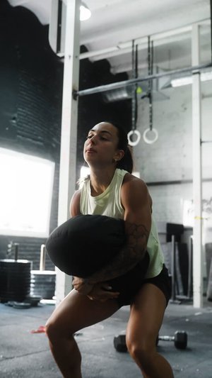 Athlete in a light green tank top and black shorts, lifting a large black weighted bag in a gym with black walls and fitness equipment in the background.