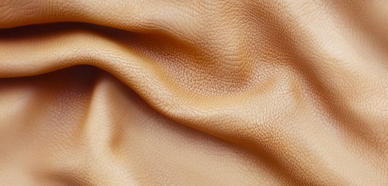 Smooth, beige leather fabric with a textured surface, displaying subtle creases and variations in tone, suitable for upholstery or fashion.