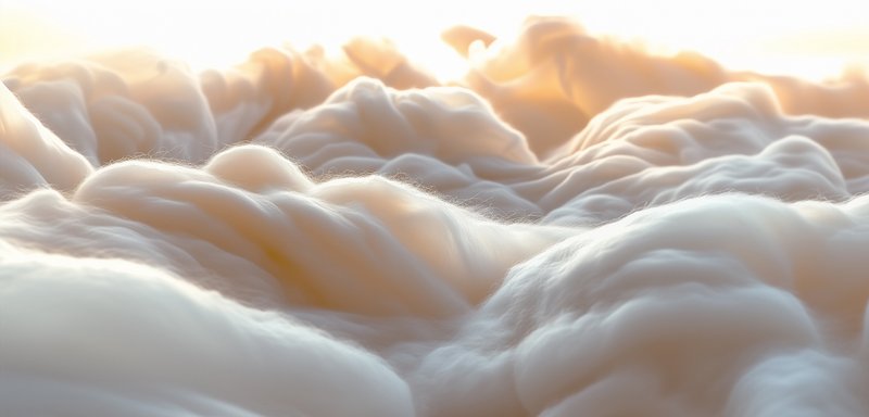 Nubes esponjosas en suaves tonos de crema claro y beige, con una textura suave y ondulante y formas delicadamente sinuosas contra un brillante fondo.