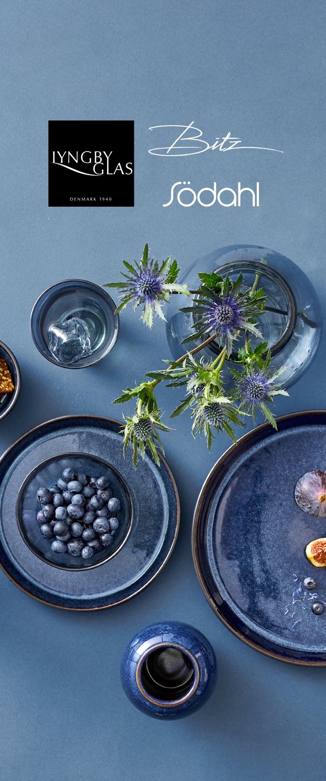 Dunkelblaue Keramikteller in verschiedenen Größen, ein Glas mit Eis, Heidelbeeren in einer Schüssel und eine Vase mit grünem Laub und lila Blumen.