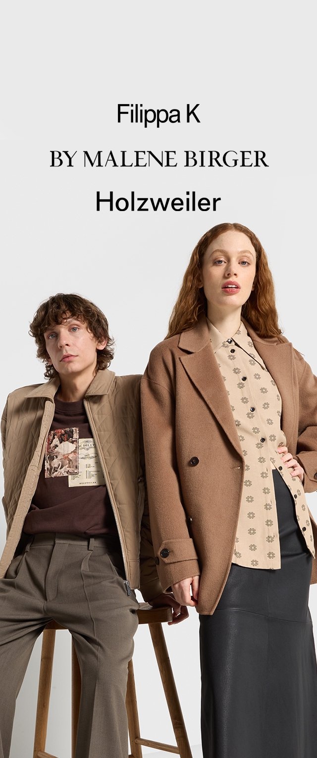 Chaqueta marrón acolchada sobre una camisa oscura, blusa beige con estampado, abrigo marrón y falda oscura. Toda la ropa se muestra sobre un fondo neutro.