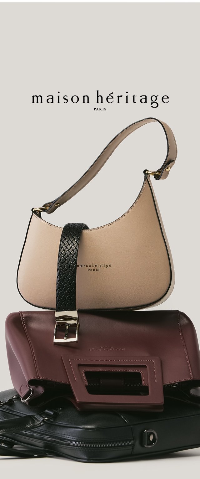 Bolso de cuero beige con una correa trenzada negra y herrajes dorados, colocado sobre un bolso de cuero burdeos con una abertura rectangular. Bolso negro en la parte inferior.