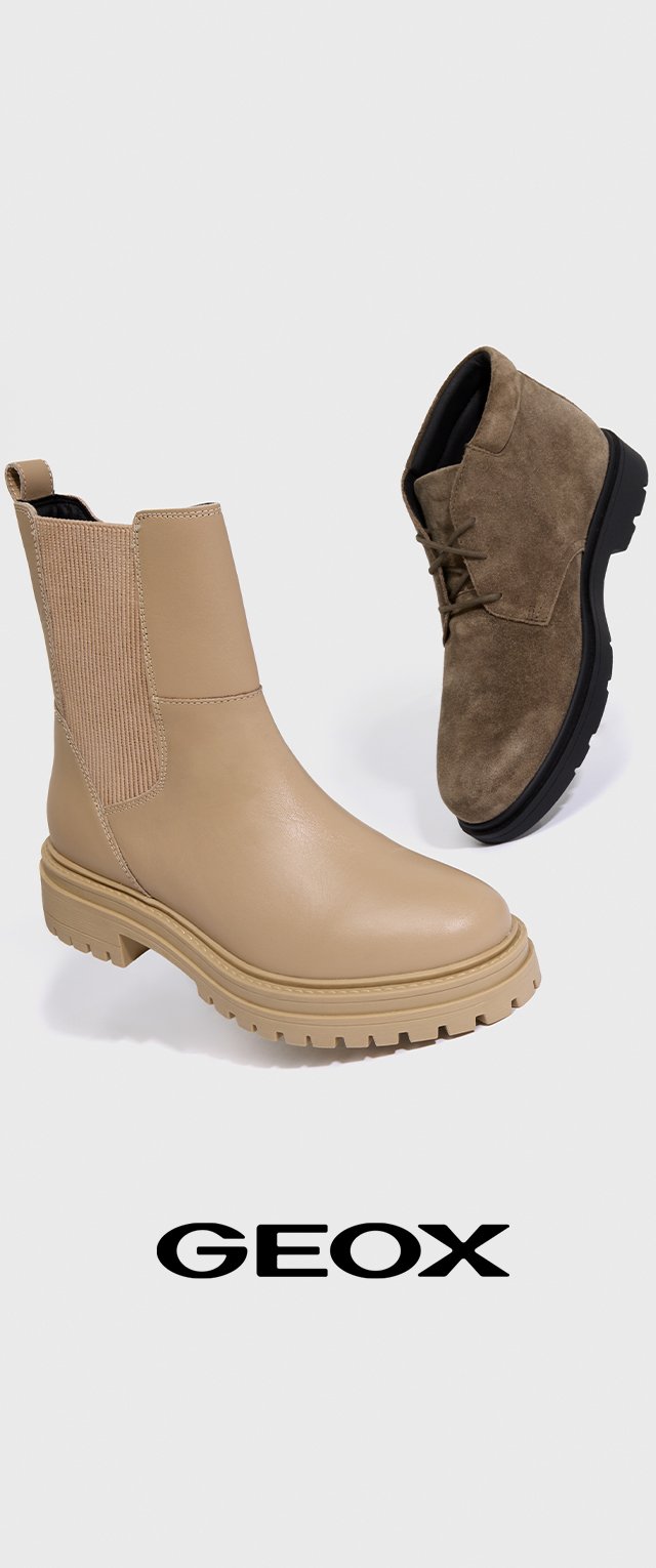 Beige Leder-Ankle-Boot mit geripptem Elastikeinsatz und klobiger Sohle neben einem braunen Wildleder-Schnürstiefel mit strukturiertem Finish.