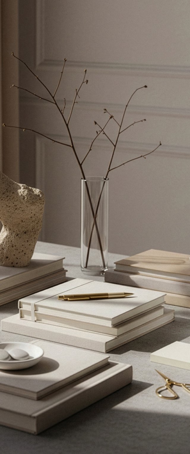 Espacio de trabajo minimalista con cuadernos apilados, un bolígrafo dorado, un jarrón de cristal que sostiene ramas desnudas, un objeto esculpido en piedra y tijeras doradas sobre un escritorio de tono neutro.