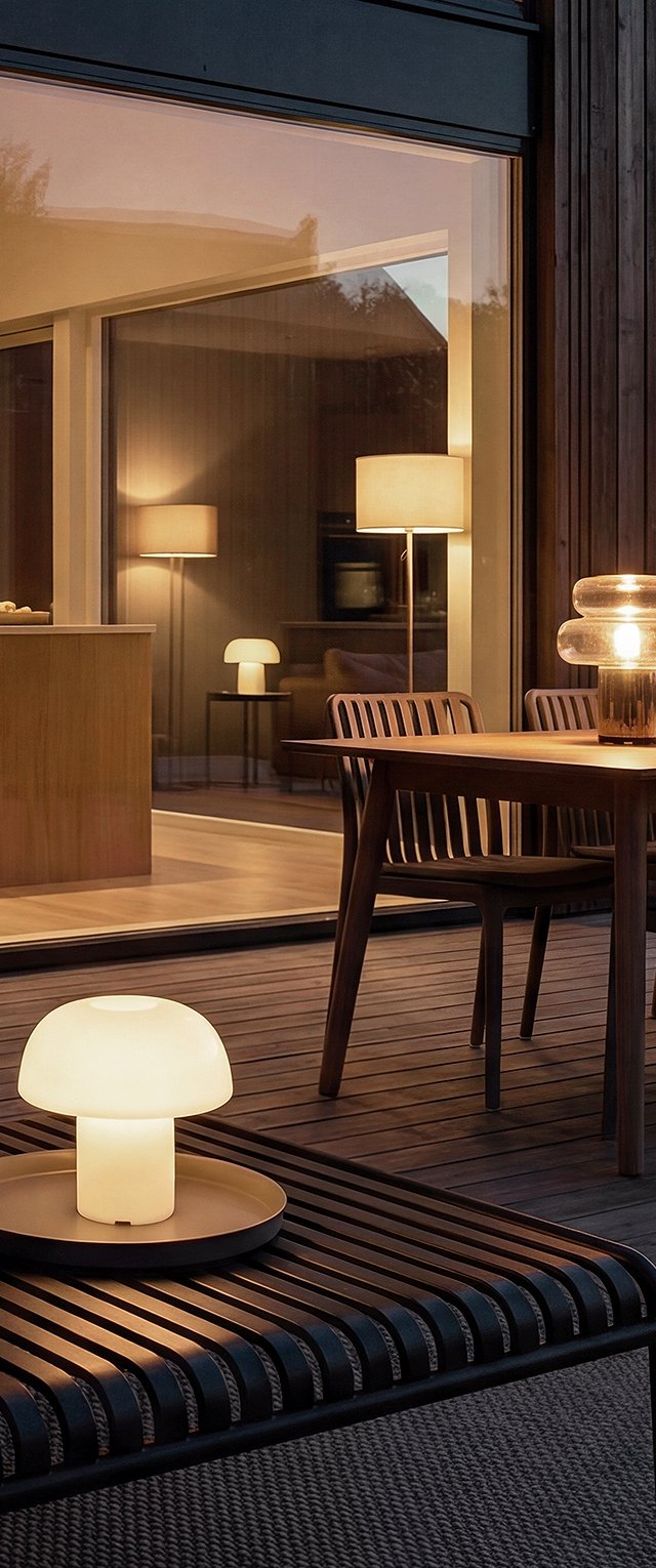 Mesa de comedor moderna de madera para exteriores con sillas, lámpara luminosa en forma de hongo sobre un banco de listones y cálidas lámparas interiores visibles a través de la puerta de cristal.