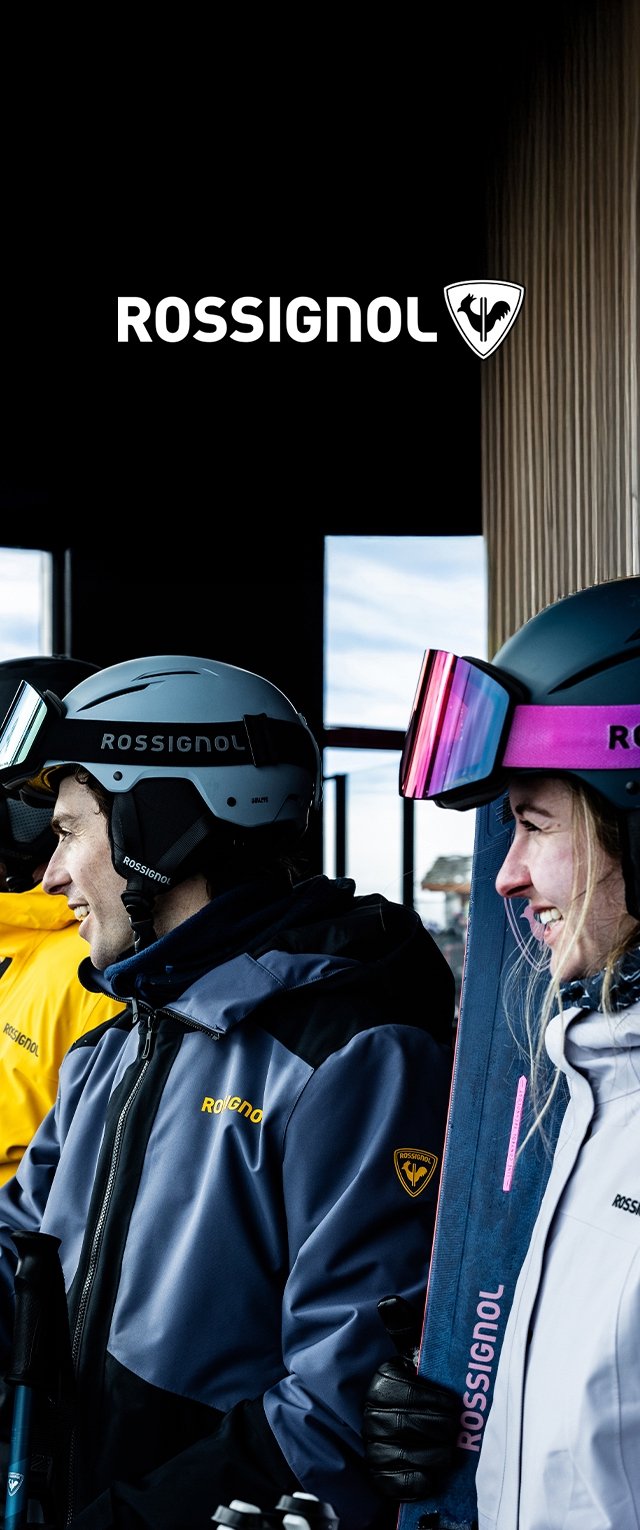 Three individuals wearing Rossignol ski gear stand against a dark backdrop, showcasing helmets and colorful goggles. The color scheme includes yellow and navy jackets with logos.