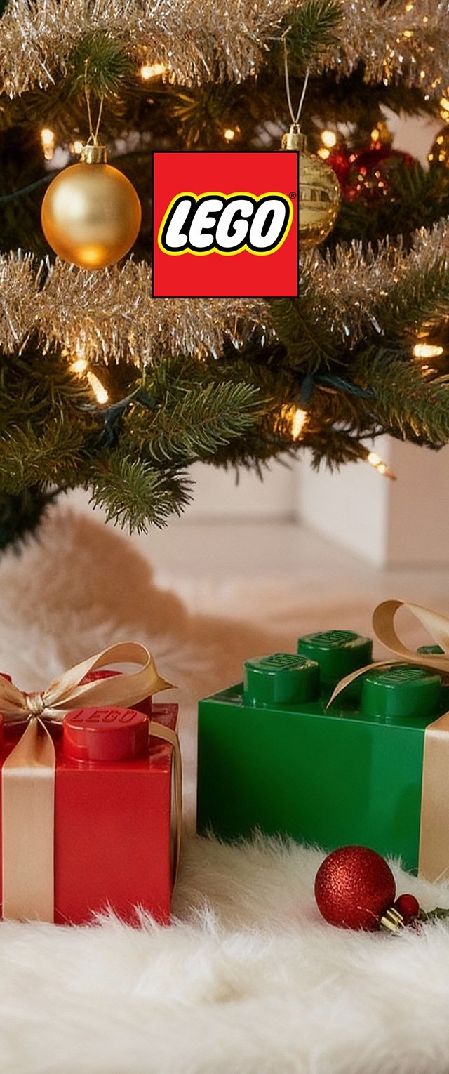 Rote und grüne LEGO-Stein-förmige Geschenke mit goldenen Bändern auf einer weißen Pelzoberfläche, umgeben von Weihnachtsdekorationen und Ornamenten.