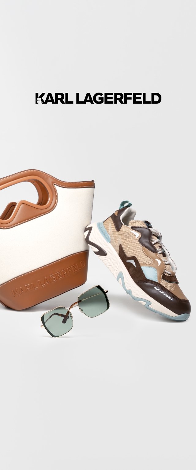 Karl Lagerfeld Tragetasche in Beige und Braun, Sneaker in Tan, Blau und Weiß sowie grüne Sonnenbrille mit quadratischen Rahmen.