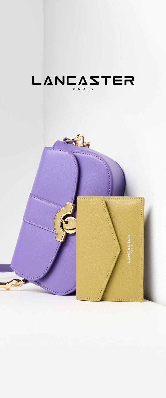 Purple faux leather handbag with gold hardware, featuring a clasp closure, beside a textured yellow cardholder with embossed logo.