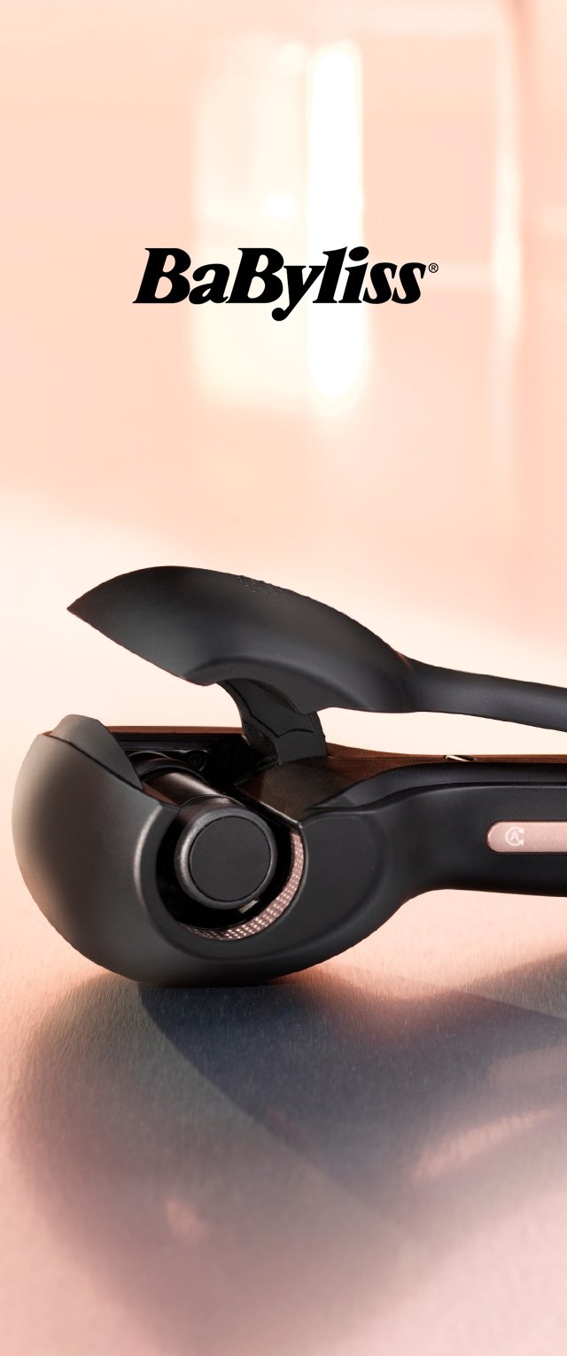 Lockenstab mit schwarzem Kunststoffgehäuse, runder Form, zylindrischem Barrel und glänzender Oberfläche. Mit BaByliss-Branding.