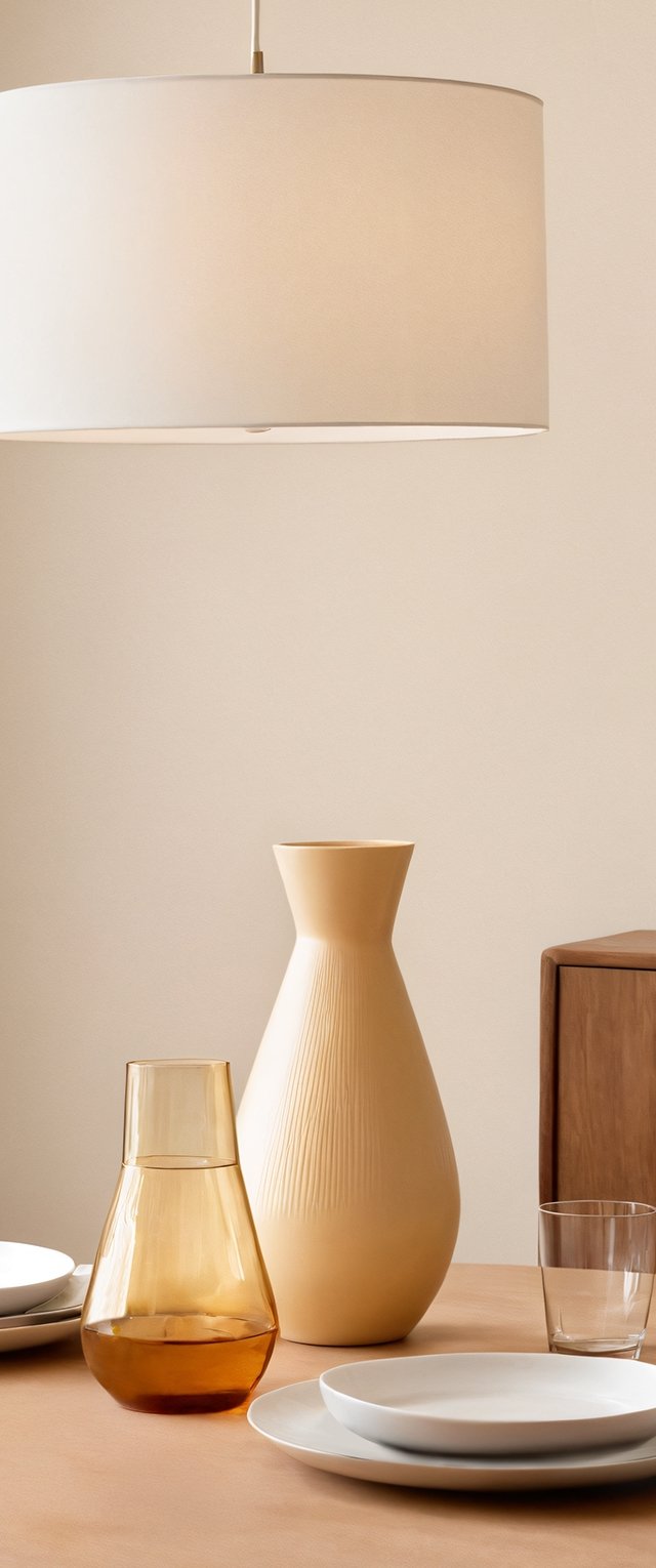 Mesa decorada con una lámpara colgante beige, una jarra de vidrio ámbar, un jarrón de textura crema y platos blancos sobre una superficie marrón claro.