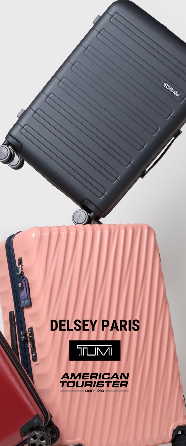 Valises à trois roues : noire avec des rainures horizontales, rose clair avec des stries verticales, et un accent rouge. Marques : Delsey Paris, Tumi, American Tourister.