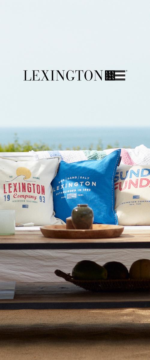Drie decoratieve kussens met bedrukte tekst in rood, blauw en wit. Een blauw kussen toont "SAND/SALT" en "LEXINGTON," geplaatst op een lichte, textuurachtige ondergrond.