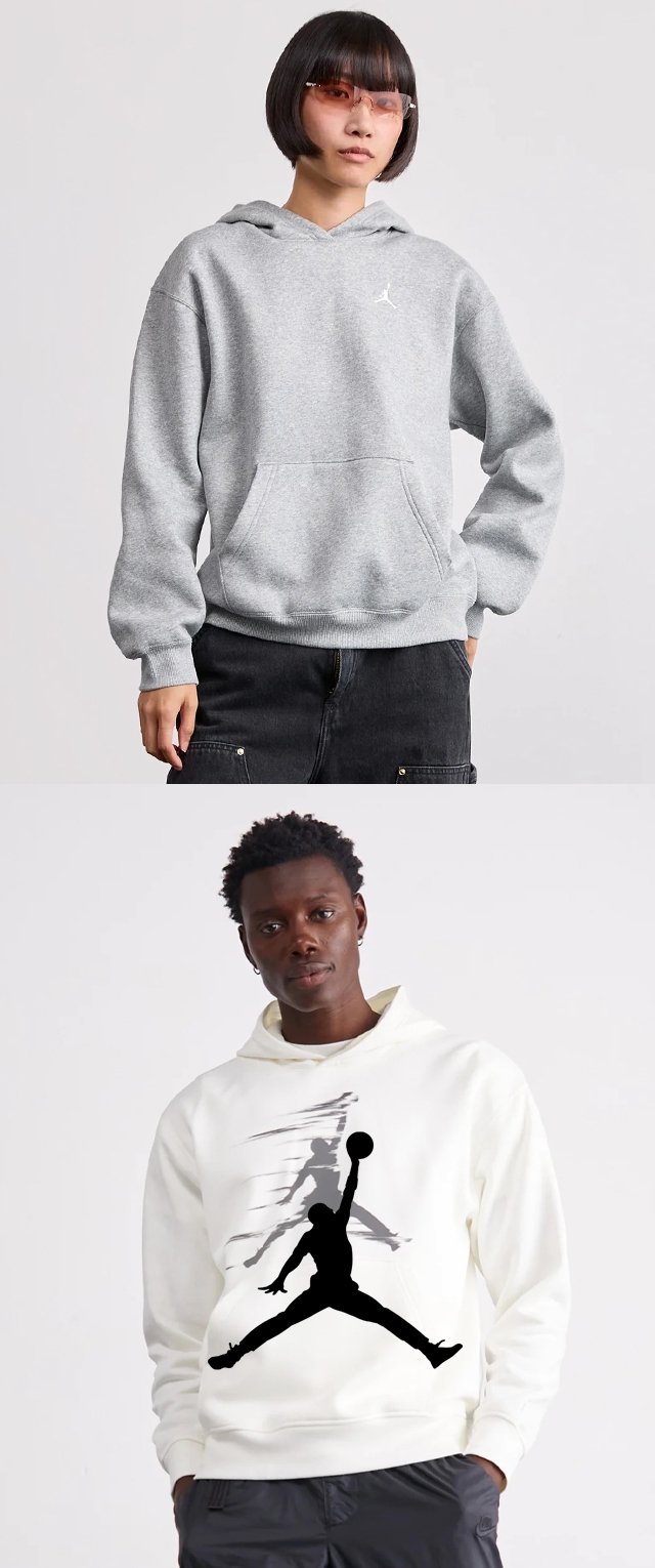 Sudadera gris con un bolsillo frontal y un pequeño logo en el pecho. Sudadera blanca con un gran logo negro de un jugador de baloncesto.