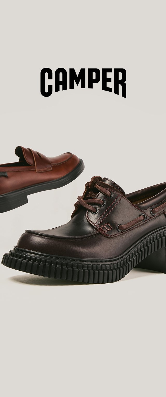 Zwei Paar Camper-Schuhe: eines aus dunkelbraunem Leder mit Schnürsenkeln und Ösen, das andere in burgunderrot mit einem glatten Design und strukturiertem Sohlen.