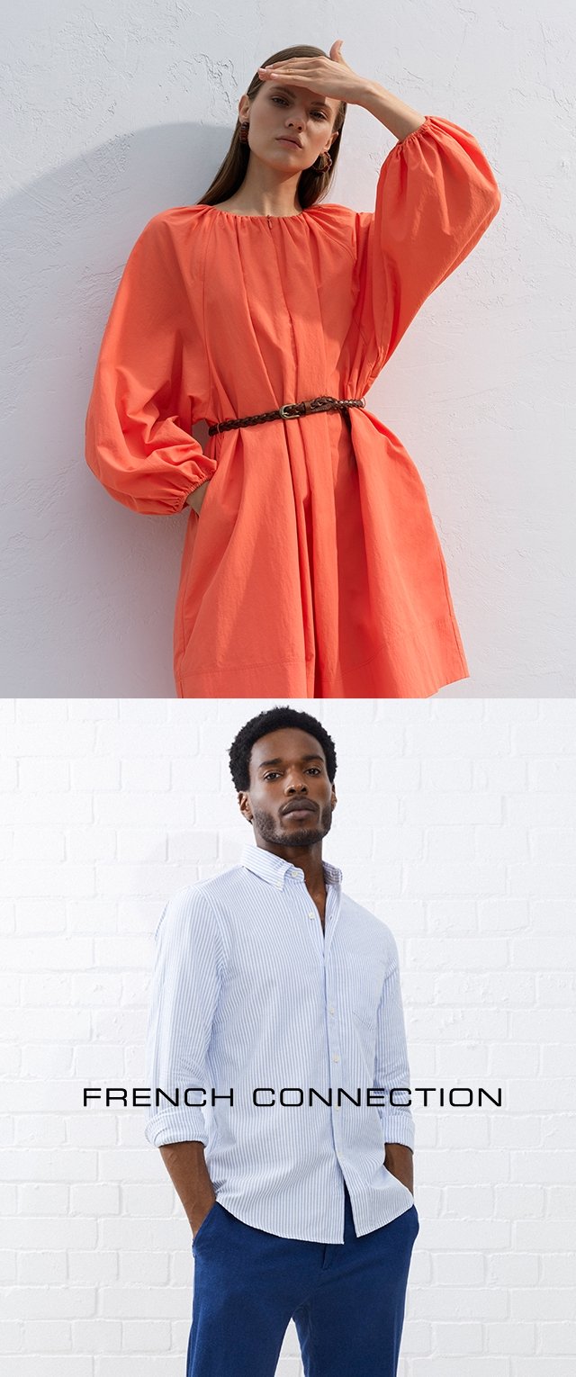 Oranje jurk met pofmouwen en geplooide halslijn, met een bruine riem; blauw-wit gestreept overhemd met knopen; textuur achtergrond in het wit.
