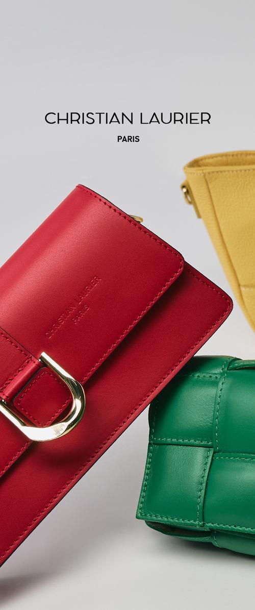 Drei Handtaschen: eine glatte rote Lederbörse mit goldfarbenen Beschlägen, eine grüne gesteppte Tasche und eine strukturierte gelbe Clutch. Alle zeichnen sich durch kräftige Farben aus.