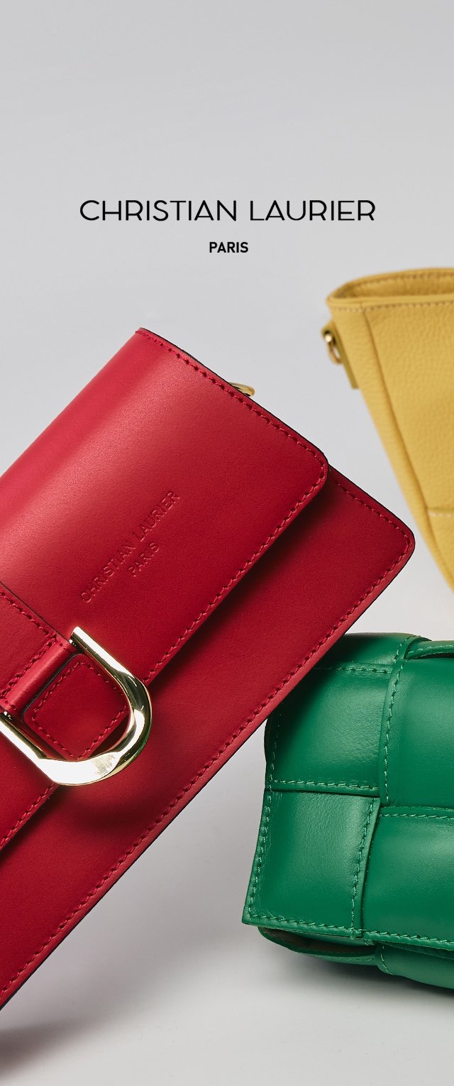 Drei Handtaschen: eine glatte rote Lederbörse mit goldenen Beschlägen, eine grüne gesteppte Tasche und eine strukturierte gelbe Clutch. Alle haben kräftige Farben.
