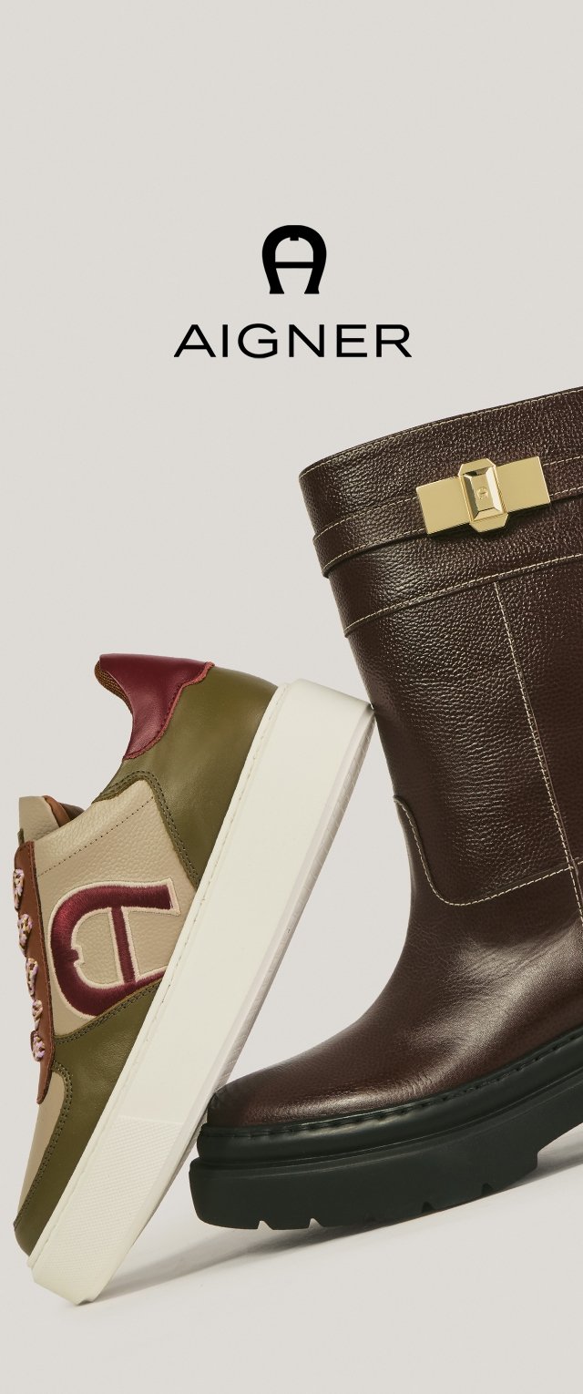 Brązowy skórzany but z złotą klamrą oraz zielony, beżowy i bordowy trampek z białą podeszwą, nad którym znajduje się logo marki Aigner.