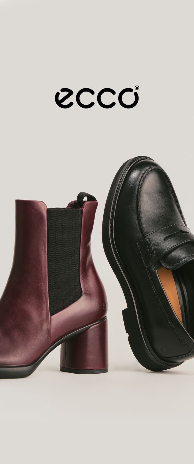 ECCO bordeauxfarbener Stiefelette mit klobigem Absatz und elastischem Einsatz neben einem schwarzen Leder-Loafer mit Nahtdetails. Glatte Texturen.