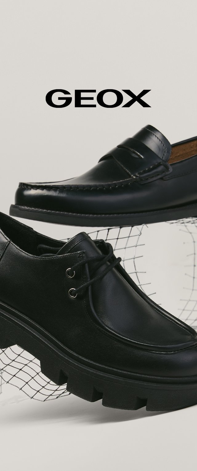 Mocassino in pelle nera e scarpa nera robusta con lacci esposti con il logo Geox su uno sfondo chiaro.