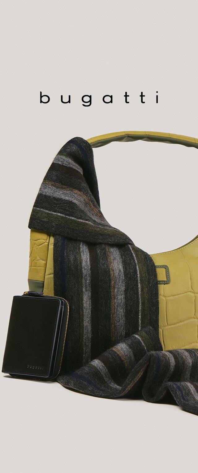 Gelbe Handtasche mit Krokodilmuster und breitem Riemen, dazu ein gestreifter Wollschal und ein kleines schwarzes Portemonnaie mit Reißverschluss.