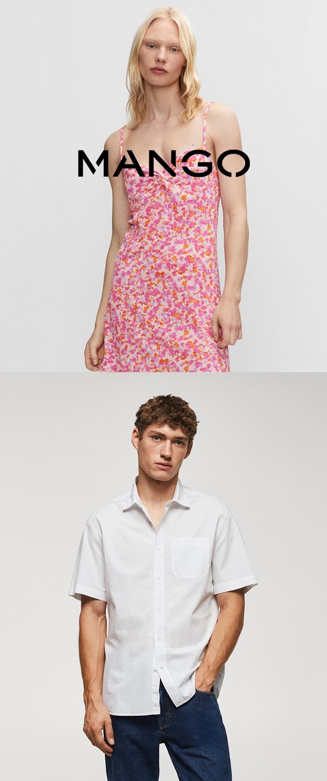 Abito floreale rosa con spalline sottili e dettaglio a nodo sulla parte anteriore; camicia bianca a maniche corte con un motivo testurizzato e taschino sul petto.