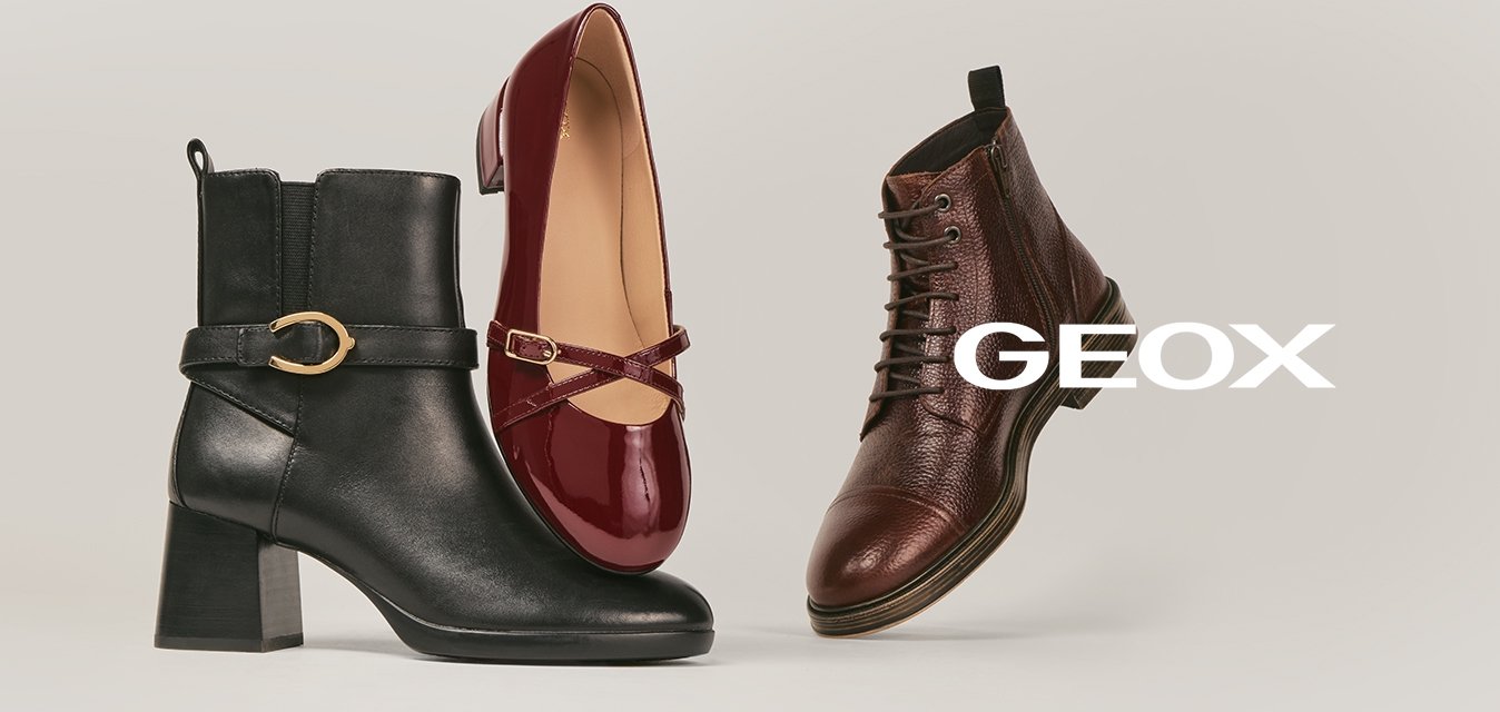 Tři dámské boty: černé kotníkové boty na podpatku s přezkou, lesklé tmavě červené baleríny Mary Jane a hnědé kožené boty na šněrování.