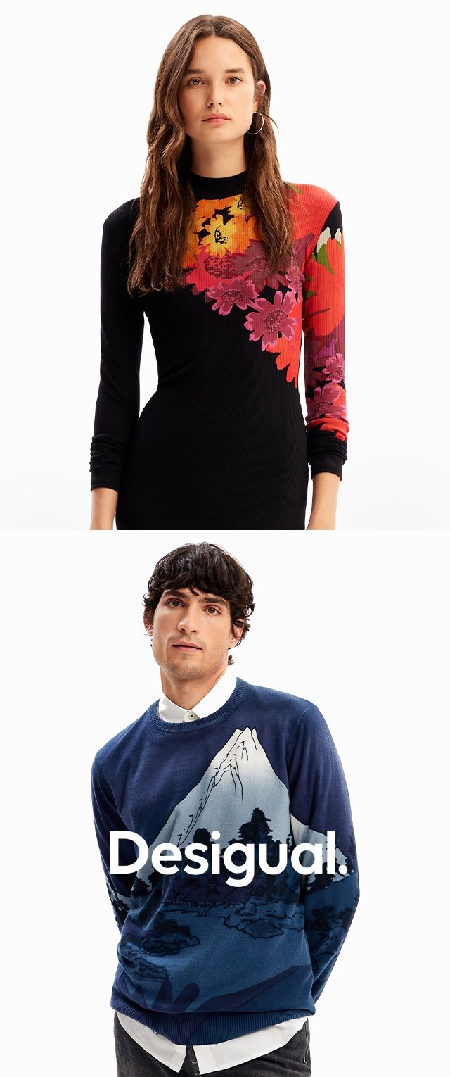 Schwarzes langärmeliges Kleid mit roten und orangefarbenen Blumenmustern; blauer Pullover mit Berggrafik; beide von Desigual.