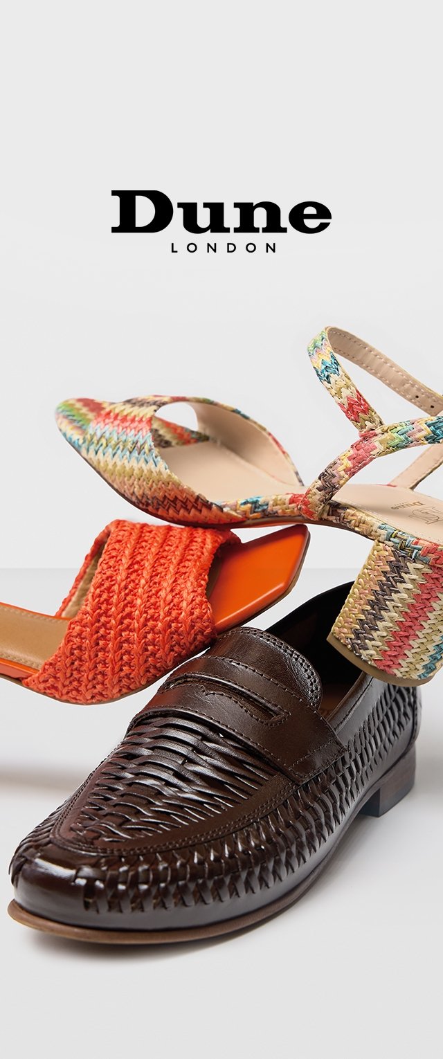 Brown woven leather shoe with a smooth finish, topped with a wide strap. Above, an orange textured slide and a multicolored heeled sandal.