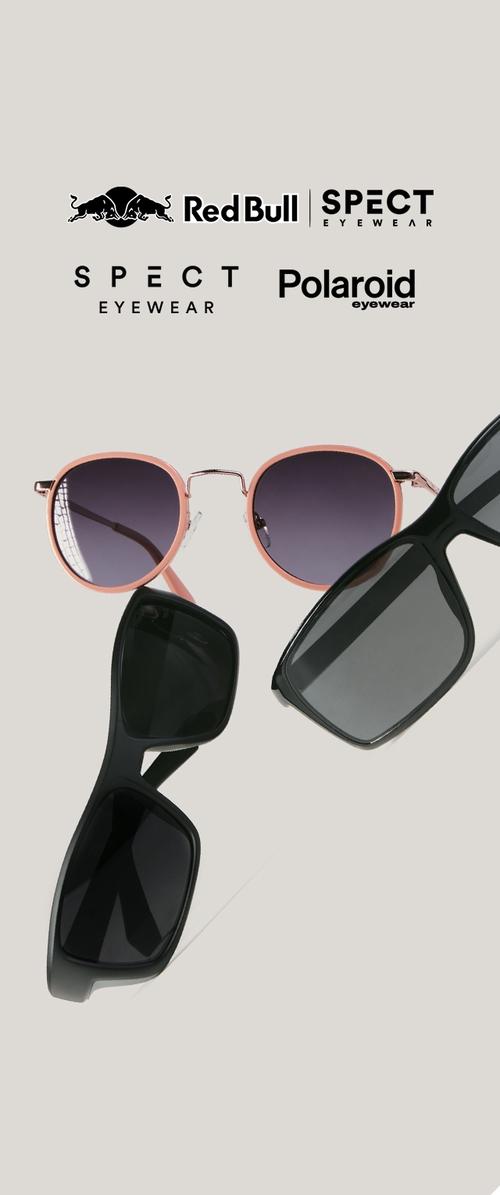 Trois paires de lunettes de soleil avec des montures rondes roses et des montures carrées noires sous les logos des marques Red Bull, SPECT Eyewear et Polaroid Eyewear.