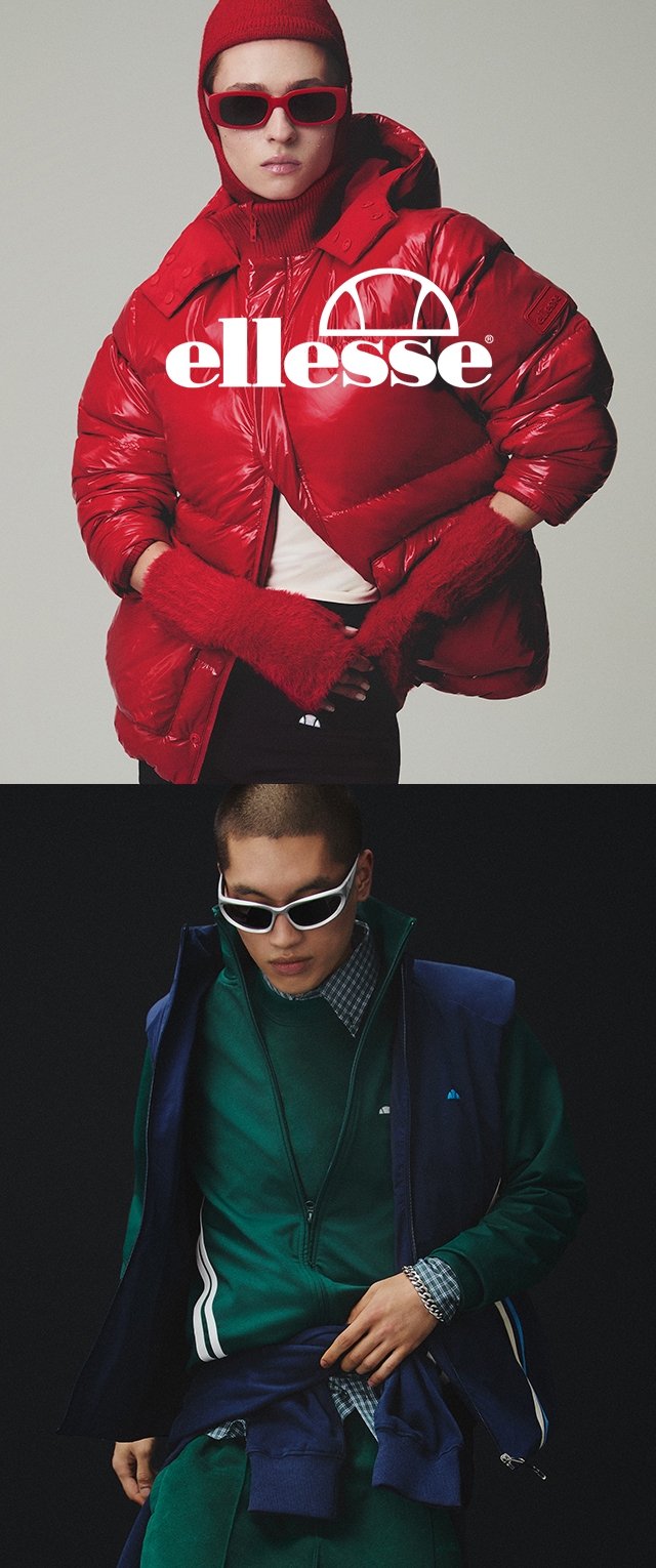 Mujer con chaqueta acolchada roja, gorro, manoplas y gafas de sol; hombre con chándal verde, chaleco azul y gafas de sol blancas, ambos con un estilo a la moda.