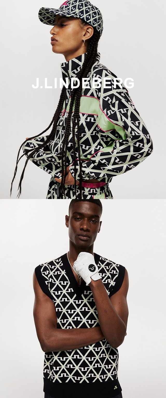 Dos modelos exhiben ropa de J.Lindeberg: una chaqueta estampada con toques neón y un chaleco sin mangas con un diseño geométrico.