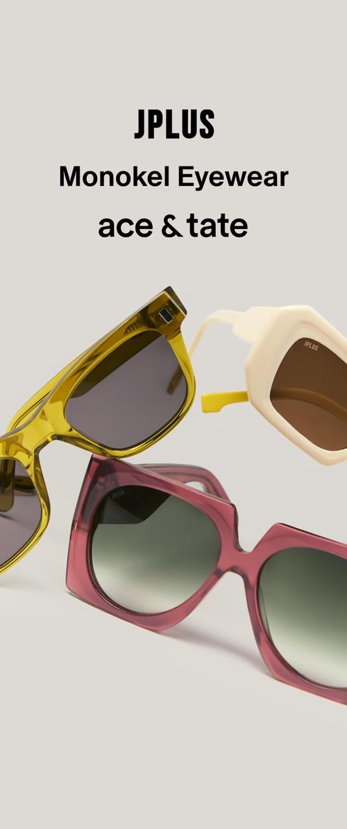 Három napszemüveg pár sárga, fehér és rózsaszín kerettel, színezett lencsékkel, az alábbi márkanevek alatt: JPLUS, Monokel Eyewear és ace & tate.
