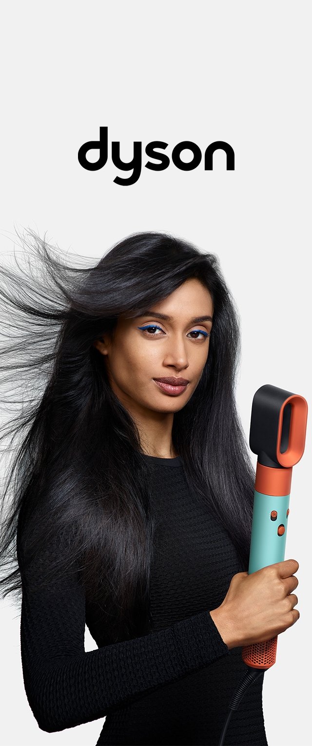 Dyson Haartrockner in einem Türkis- und Orangeton, mit zylindrischer Form, schlankem Griff und sichtbaren Steuerknöpfen.