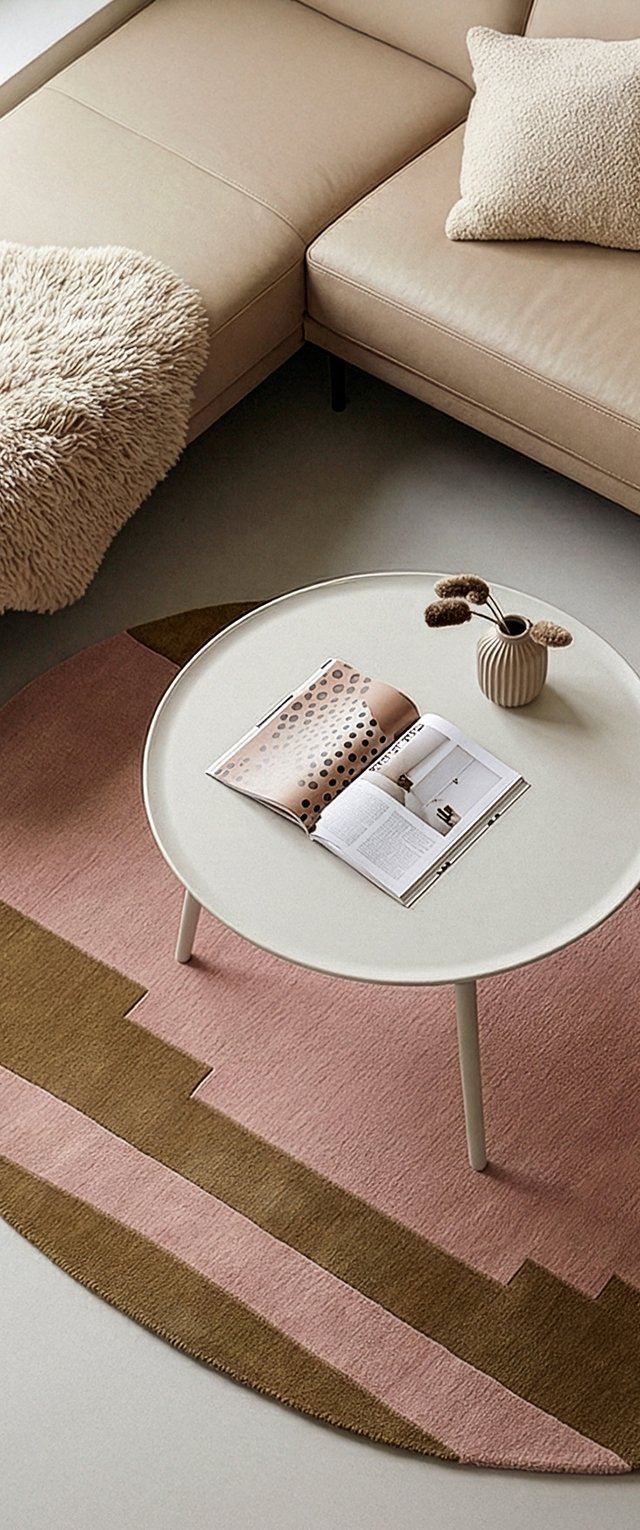 Beige hoekbank met textuurkussen en plaid, ronde witte salontafel met open tijdschrift en klein vaasje met gedroogde bloemen op een roze en bruin tapijt.