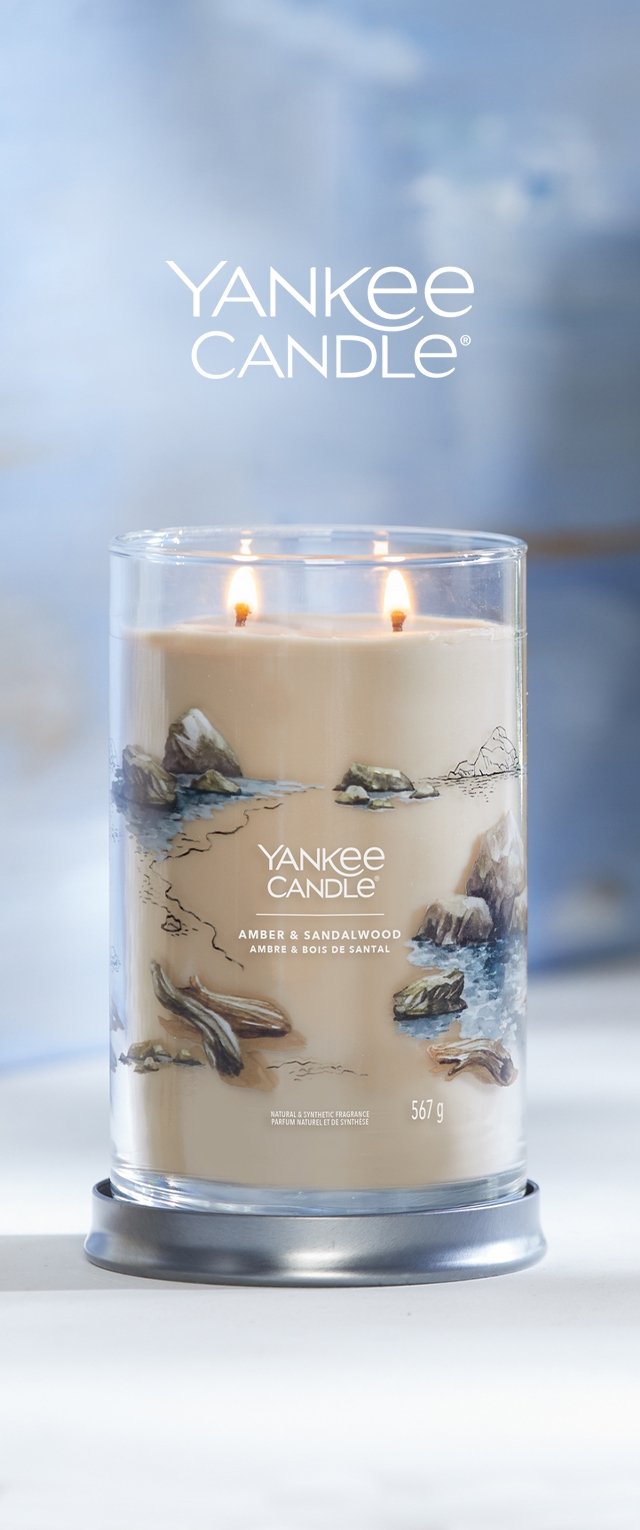 Yankee Candle met dubbele pitten, met een crèmekleurige was en een decoratief kustlandschap. Het staat op een zilveren voet en weegt 567 g.