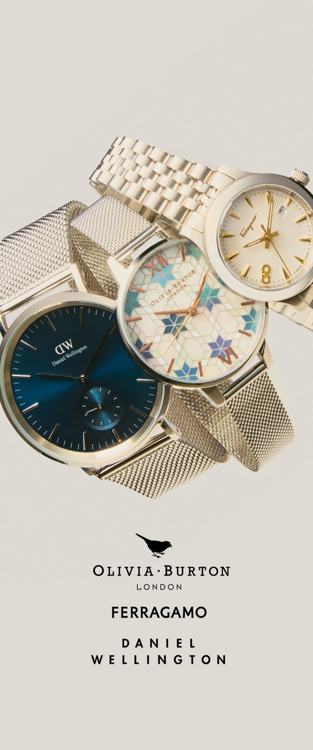 Trois montres : un cadran bleu foncé avec des accents argentés, un cadran à motif floral et une montre dorée avec des bracelets en maille, présentant des designs variés.