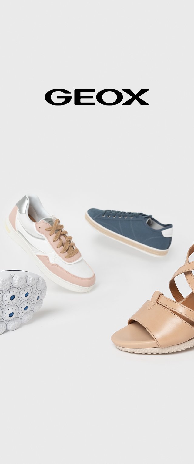 Calzature GEOX assortite: sneaker rosa e bianca con suola testurizzata; scarpa in tela blu; sandalo in pelle beige con cinturini larghi e superficie liscia.