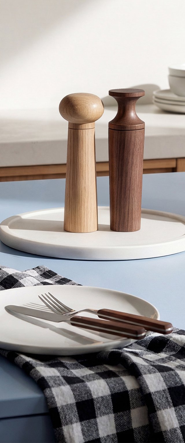Zwei hölzerne Salz- und Pfeffermühlen auf einem weißen Tablett, neben einem weißen Teller mit Gabel und Messer auf einem schwarz-weiß karierten Tuch.