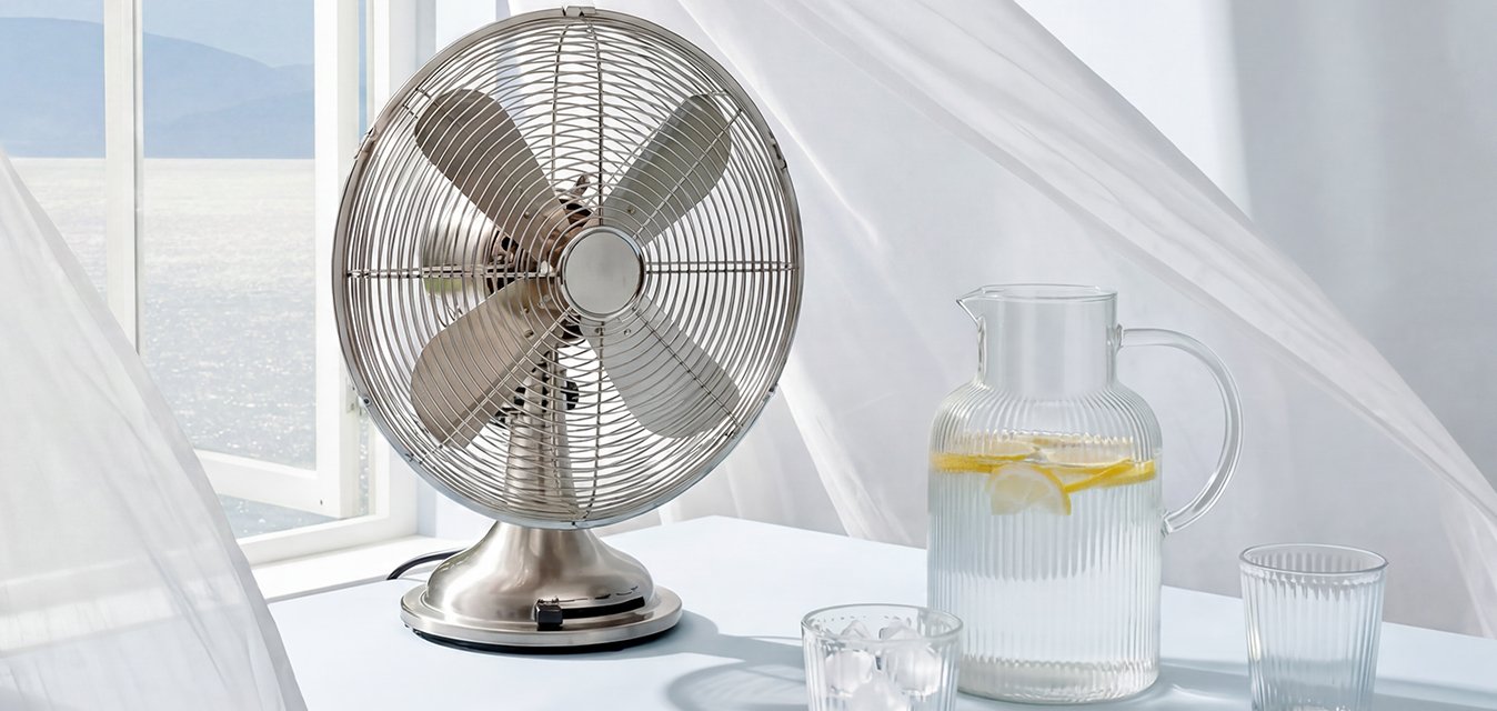 Kovový ventilátor na stole s bíhajícími bílými závěsy, otevřené okno s výhledem na vodu a hory a džbán s citronovou vodou a ledovými kostkami.