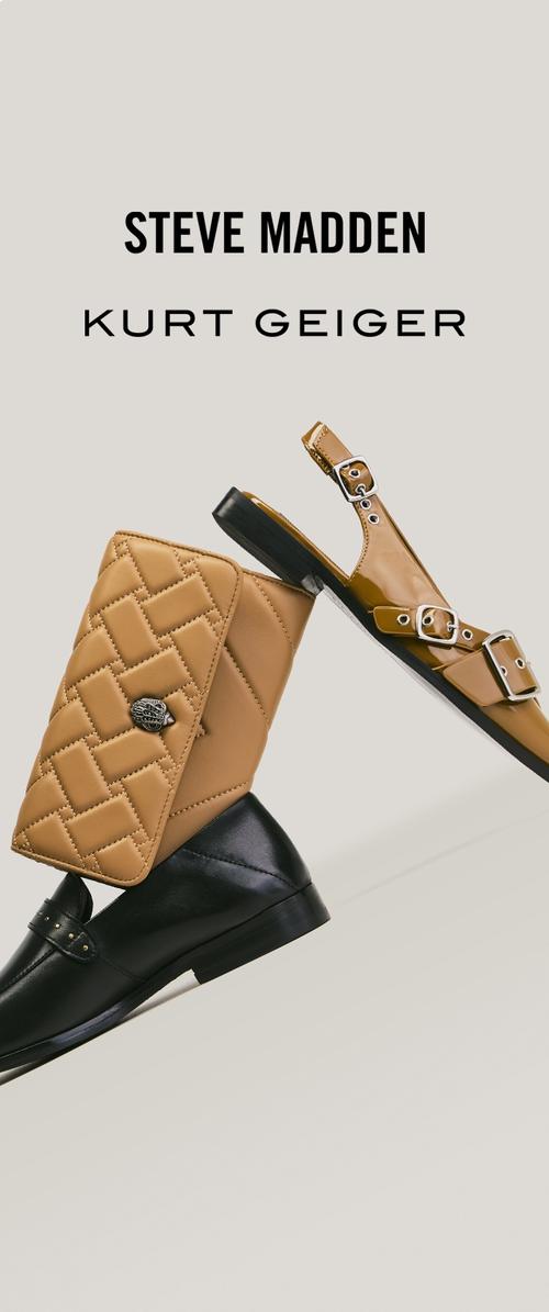 Mocassin en cuir noir, pochette matelassée beige et sandale à bride arrière en cuir verni beige sur fond neutre avec noms de marques.