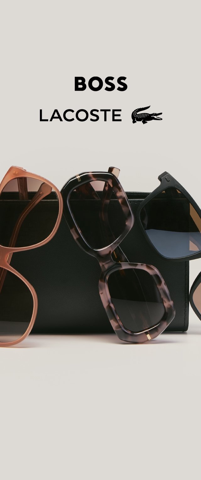 Tres pares de gafas de sol con monturas marrón, carey y negras apoyadas contra un estuche negro con los logotipos de Boss y Lacoste arriba.