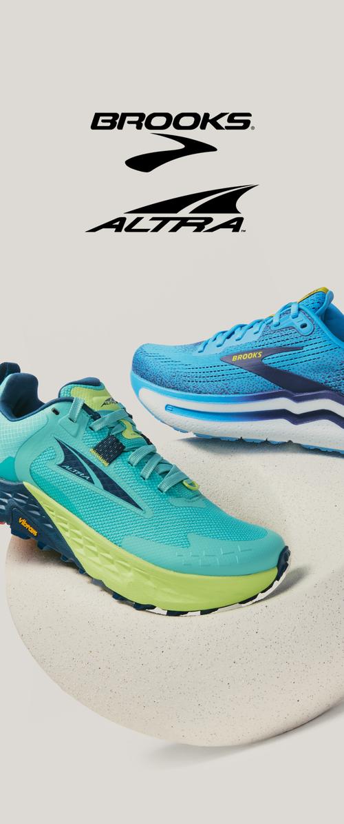 Dos zapatillas deportivas de correr en azul y verde azulado con detalles amarillos colocadas sobre una superficie clara texturizada bajo los logotipos de Brooks y Altra.