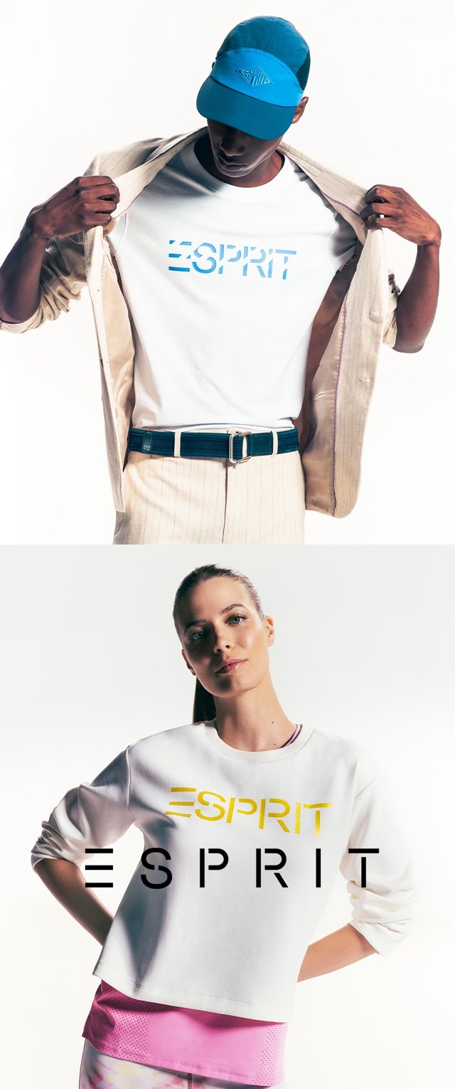 Biała bluza z czarno-żółtym logo "ESPRIT", z okrągłym dekoltem i długimi rękawami; nałożona na różową koszulę w wzory.