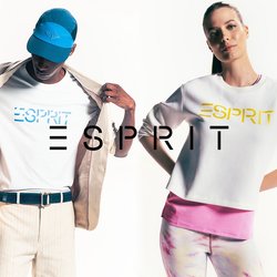 Bílé tričko se světle modrým logem „ESPRIT“, béžová bunda a kalhoty s krémovým proužkem vlevo; bílá mikina se žlutým logem „ESPRIT“ vpravo, doplněná růžovými legínami.