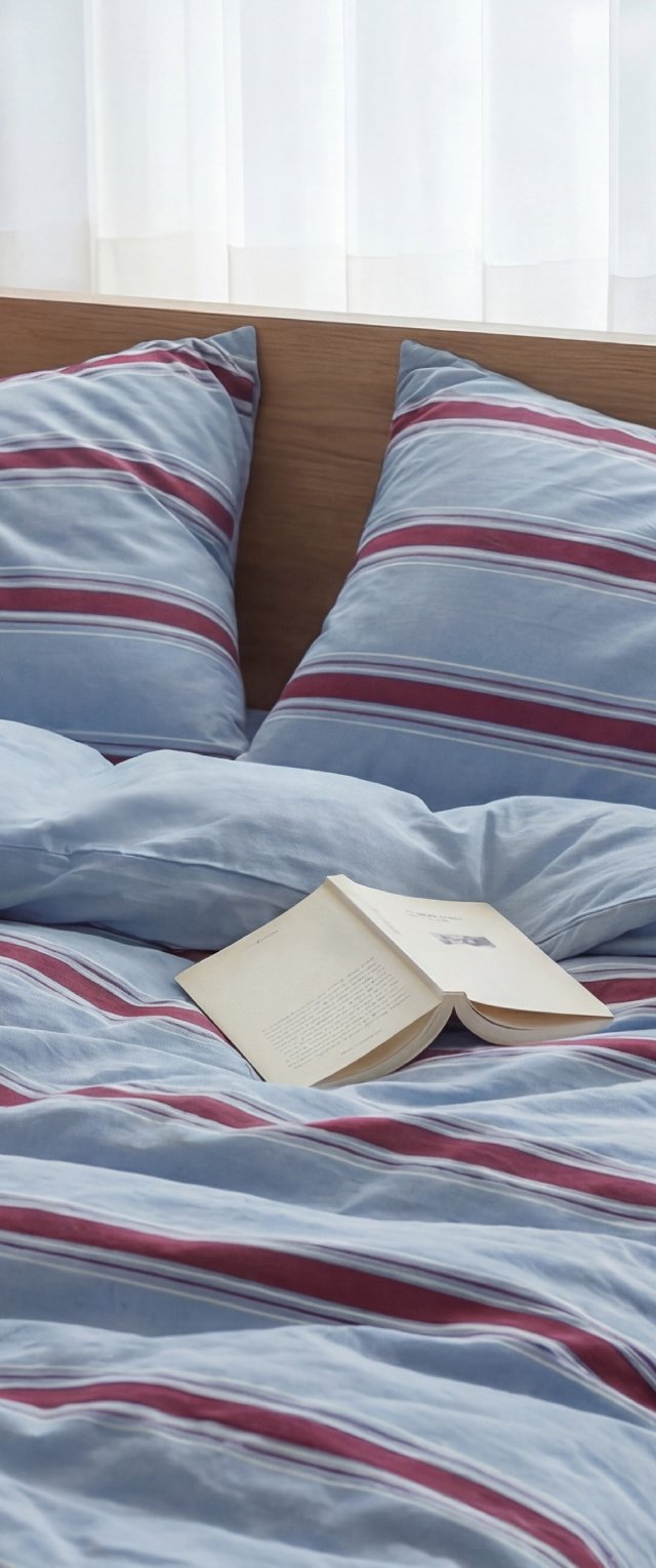 Almohadas y edredón a rayas azules y rojas sobre una cama de madera con un libro abierto descansando en la cama cerca del centro.