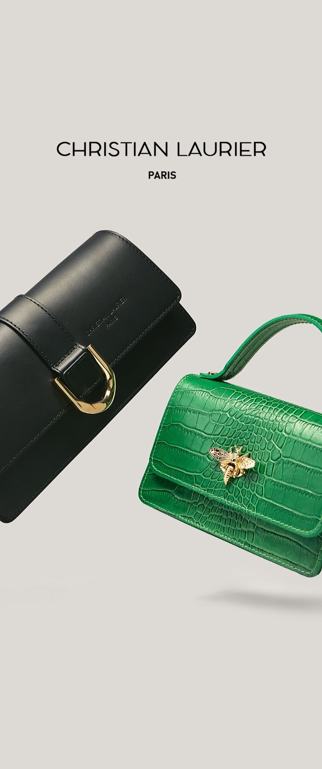 Zwarte leren clutch met gouden hardware en een strap, naast een groene neppantherhandtas met een decoratieve bijaccent.